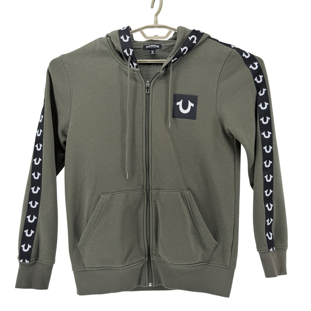 True Religion Zip Hoodie Womens Medium Olive Green HS Taping Logo Sweatshirt - Picture 2 of 10